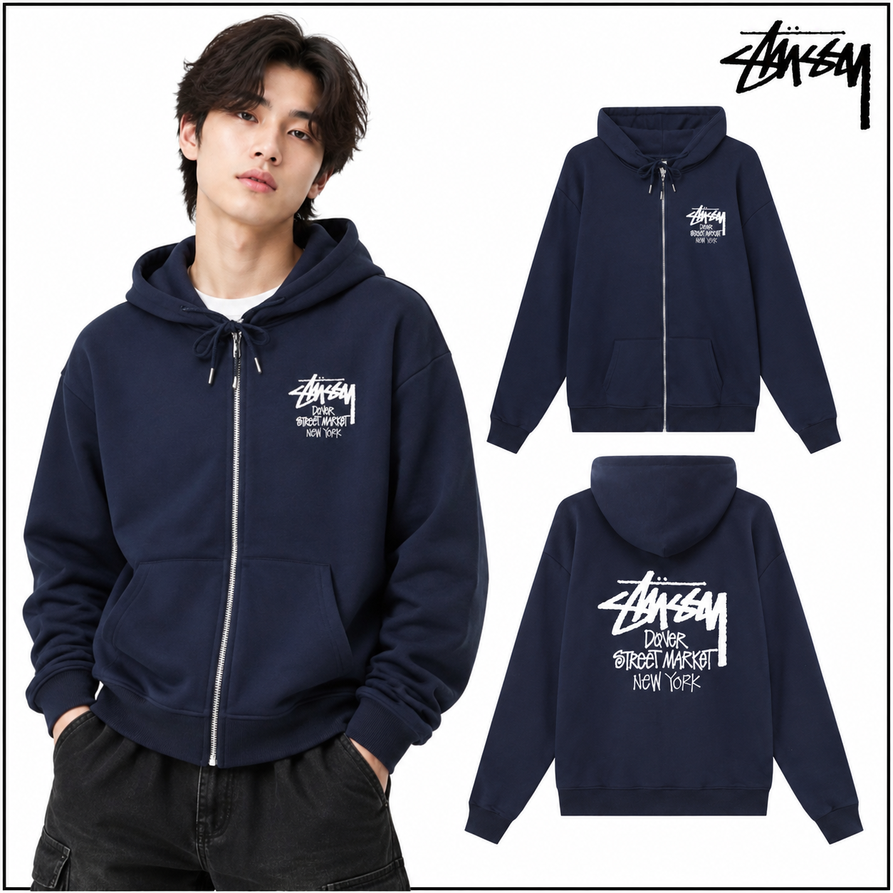 STUSSY スタッシー DSM都市限定シリーズ NEW YORK プリント ジップアップ フーデッドジャケット HN322 ネイビー