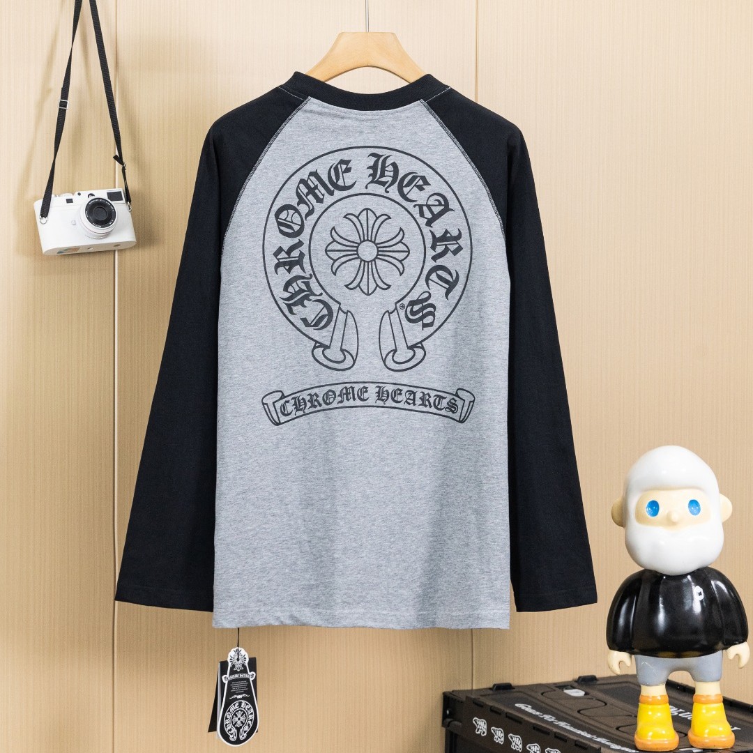 Chrome Hearts クロムハーツ 長袖Tシャツ ウォッシュ加工 立体プリント 杢グレー×ブラック