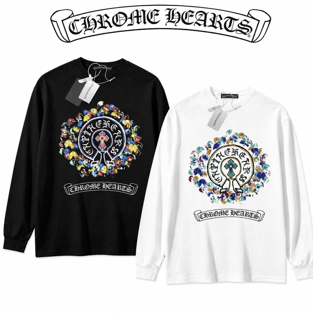CHROME HEARTS クロムハーツ 長袖Tシャツ アイリス クロスモチーフ ホワイト/ブラック
