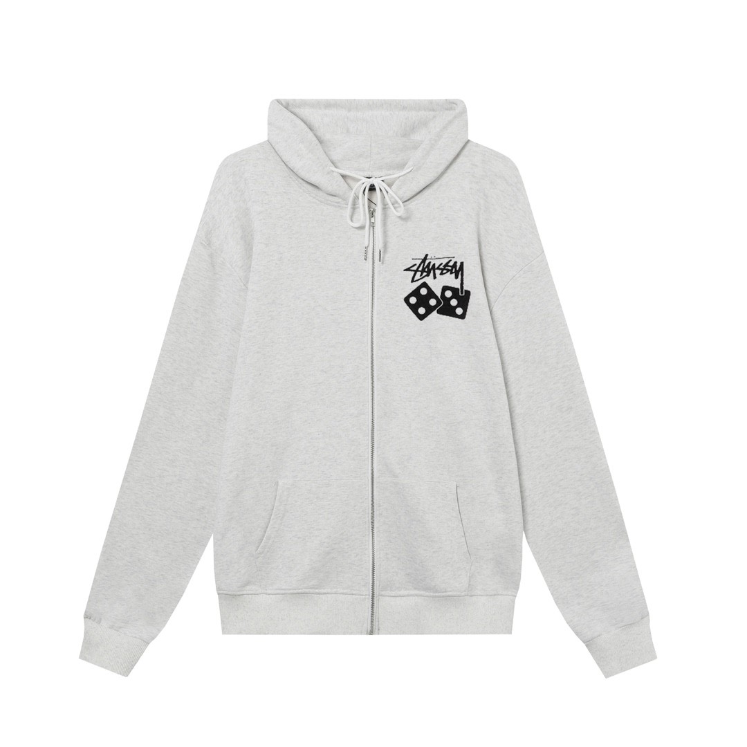 STUSSY 「7」＆サイコロ柄プリント ジップアップパーカー HN315 グレー（ユニセックス）