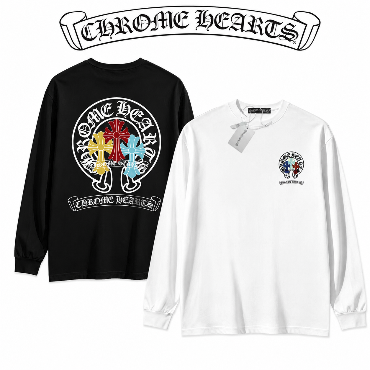 CHROME HEARTS クロムハーツ 長袖Tシャツ ホワイト ブルー×オレンジのクロスデザイン