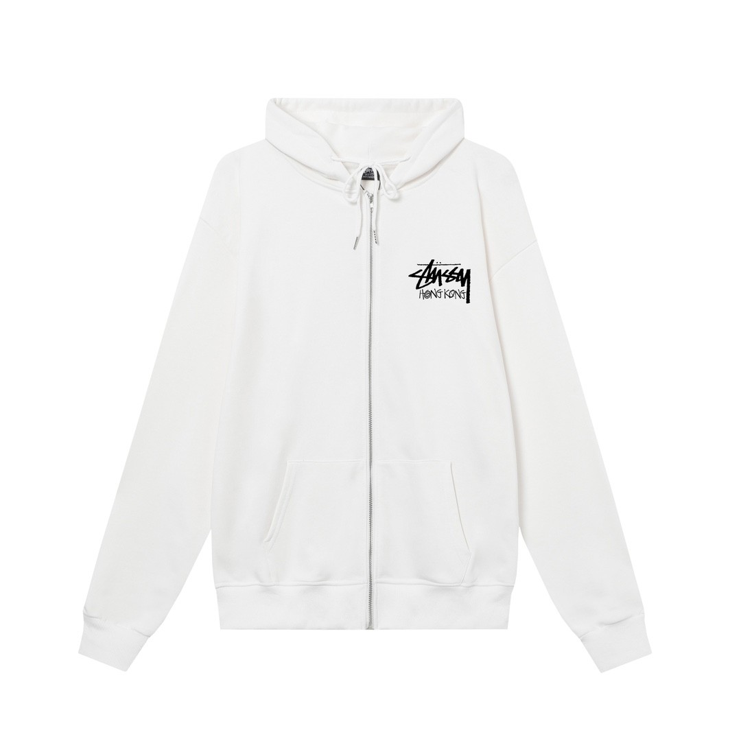 STUSSY スタシー 香港限定プリント ユニセックスジッパーフードジャケット ホワイト/ネイビー/グレー