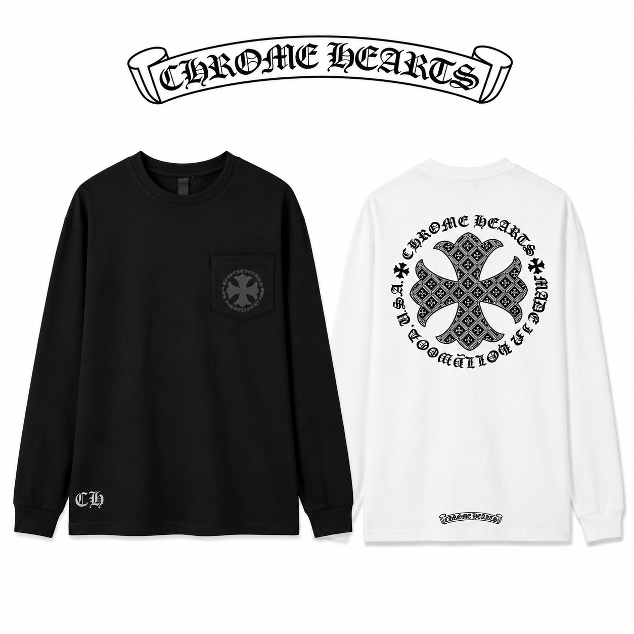 Chrome Hearts クロムハーツ 26SS 春夏新作 ユニセックス ゆったりフィット 320g ダブルレイヤー 長袖Tシャツ ホワイト/ブラック