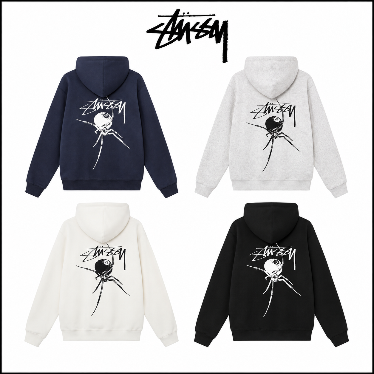 STUSSY ユニセックス ジップアップフーディー（スパイダー＆ブラック8ボール グラフィックプリント）(HN329) – ブラック/ホワイト/ネイビー/グレー
