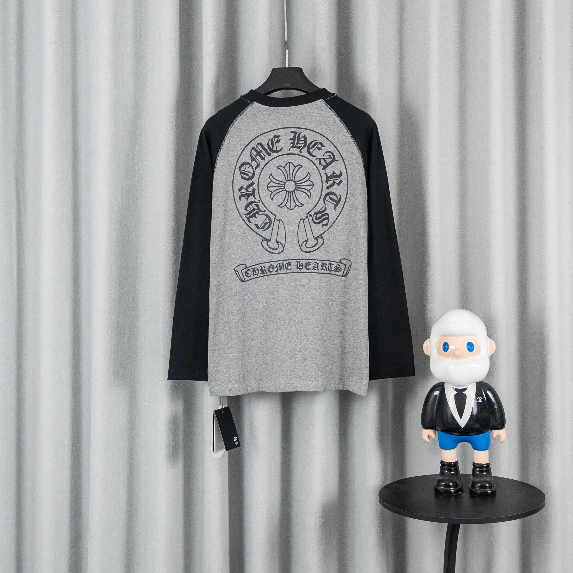 CHROME HEARTS クロムハーツ 26SS 春夏新作 配色ラグランスリーブ ユニセックス オーバーサイズ 長袖Tシャツ 杢グレー×ブラック