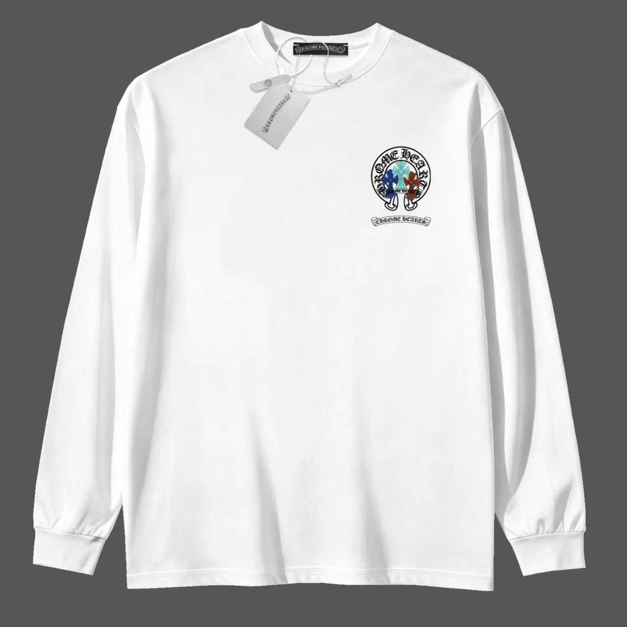 CHROME HEARTS クロムハーツ 長袖Tシャツ ホワイト ブルー×オレンジのクロスデザイン