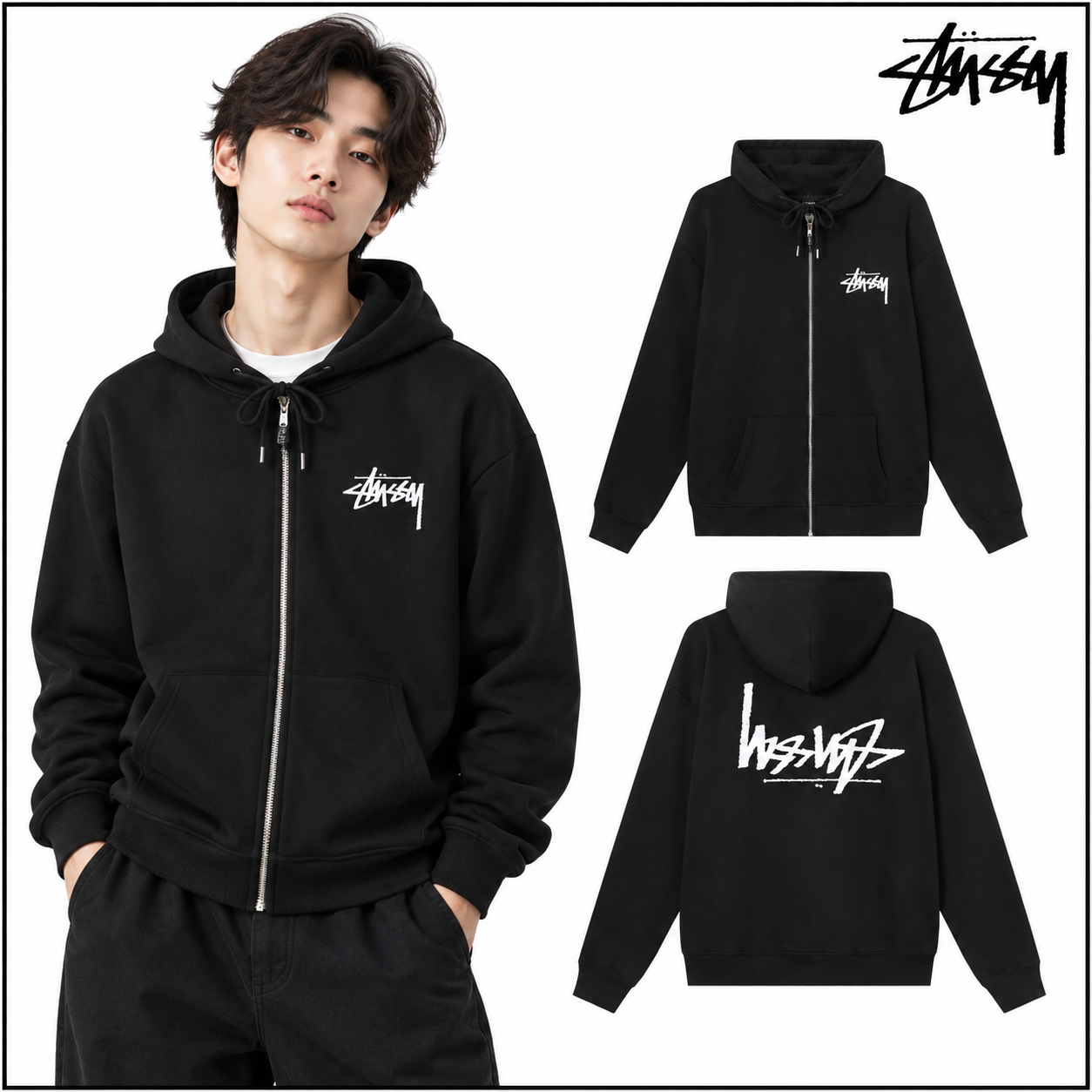 STUSSY スタシー リバースレタープリント 男女兼用 フーデッドジップアップパーカー HN303 ブラック/ホワイト/グレー/ネイビー