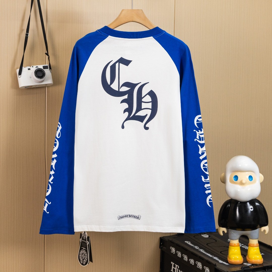 CHROME HEARTS クロムハーツ ウォッシュ加工 立体プリント ロングスリーブTシャツ ホワイト×ブルー