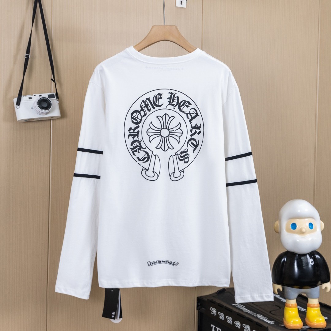 CHROME HEARTS クロムハーツ CH ウォッシュ加工 立体プリント 長袖Tシャツ ホワイト