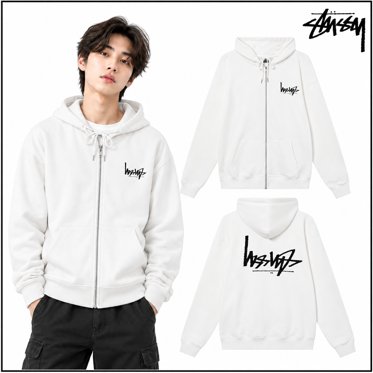 STUSSY スタッシー リバースレタープリント 男女共用 ズップアップフーディ HN303 ブラック/ホワイト/グレー/ネイビー