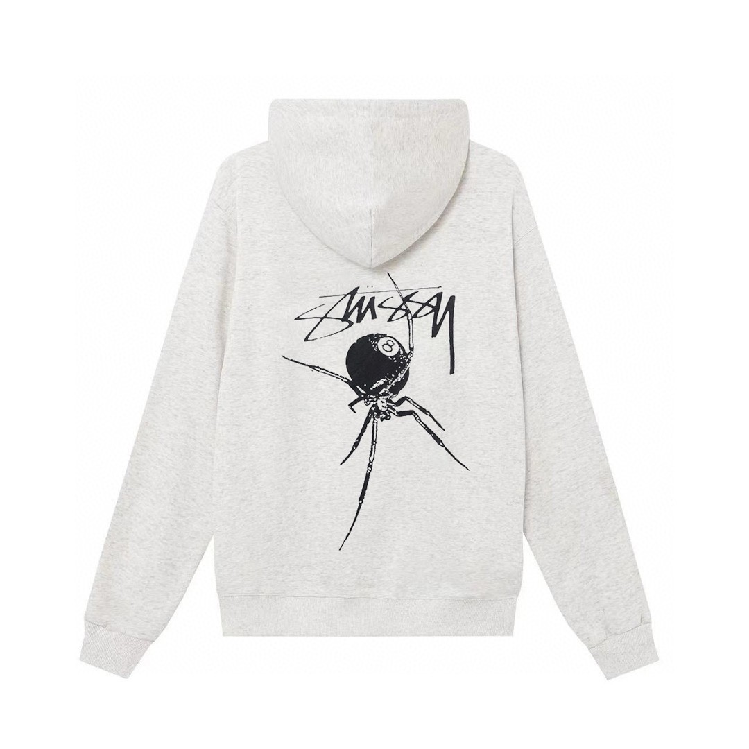 STUSSY ユニセックス ジップアップフーディー（スパイダー＆ブラック8ボール グラフィックプリント）(HN329) – ブラック/ホワイト/ネイビー/グレー