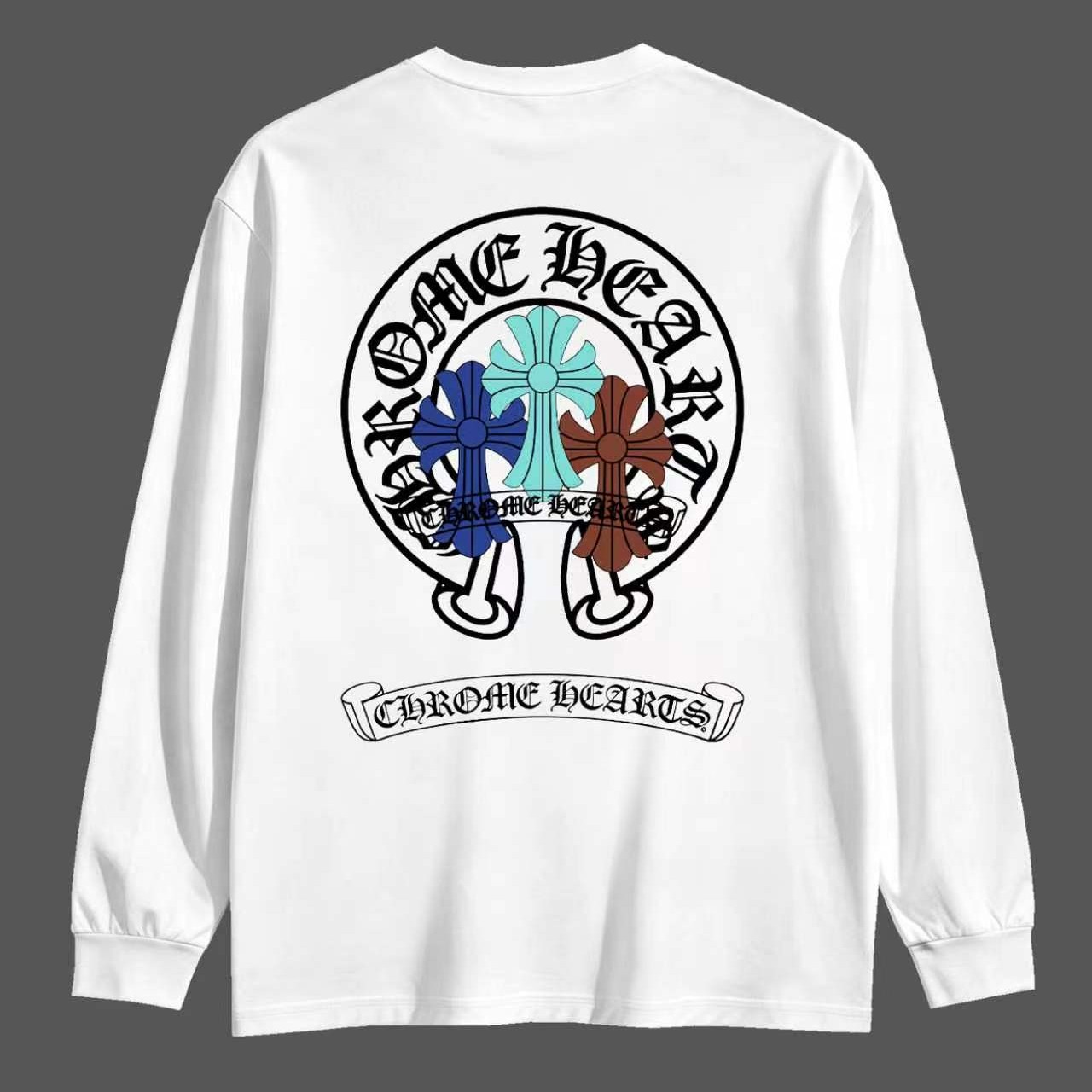 CHROME HEARTS クロムハーツ 長袖Tシャツ ホワイト ブルー×オレンジのクロスデザイン